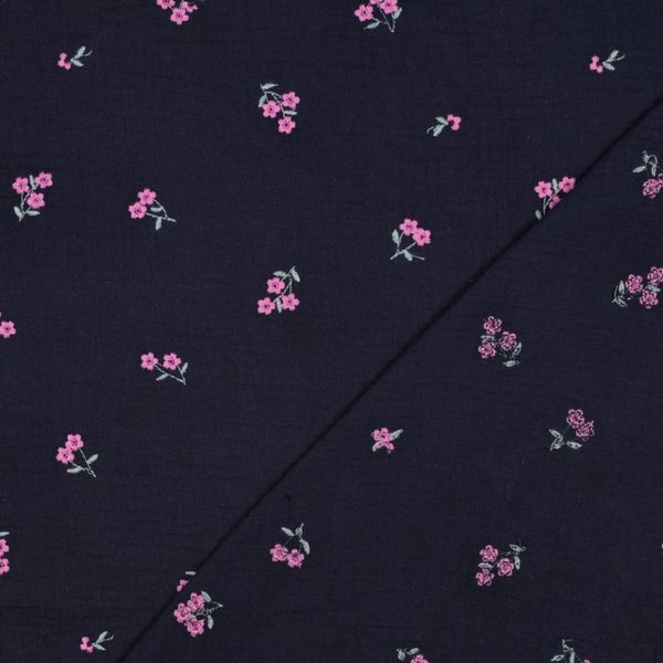 Sweet Flower Navy - Brodert Musselin
