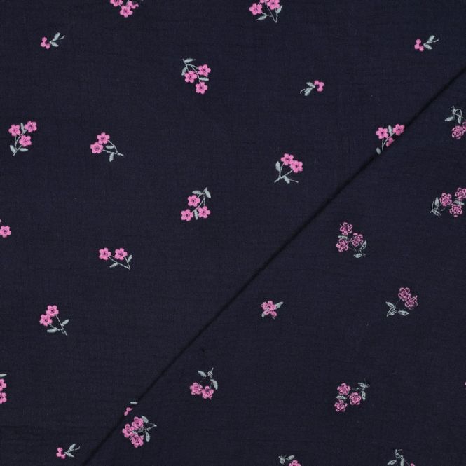 Hovedbilde Sweet Flower Navy - Brodert Musselin